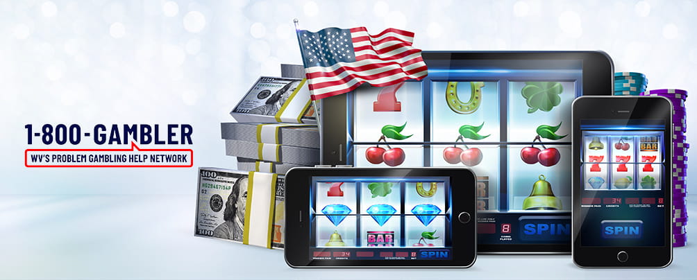 1-800 Gambler's logo, a stack of bills, an online slot game displayed on a phone, a tablet, and a laptop, the American flag, and a stack of casino chips.