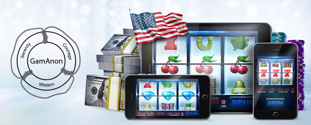 Gam-Anon's main values, a stack of bills, an online slot game displayed on a phone, a tablet, and a laptop, the American flag, and a stack of casino chips.