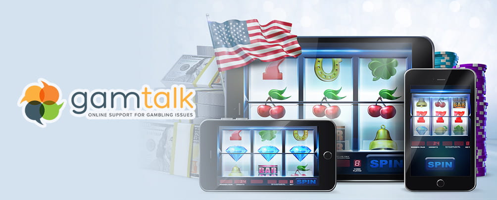 GamTalk's logo, a stack of bills, an online slot game displayed on a phone, a tablet, and a laptop, the American flag, and a stack of casino chips.