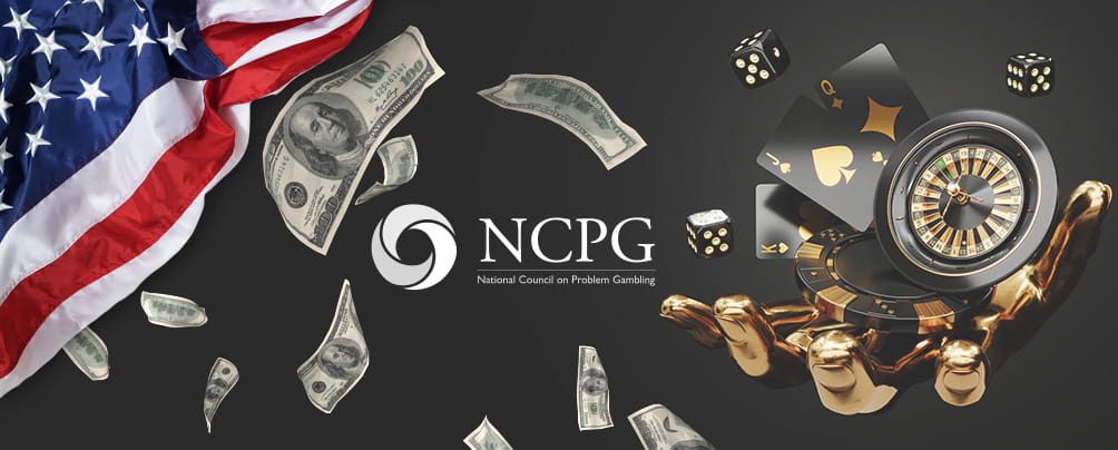 NCPG logo, the American flag, cash winnings, and a casino game.