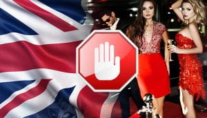 Red Carpet Celebrities Next to the UK Flag with a Stop Sign